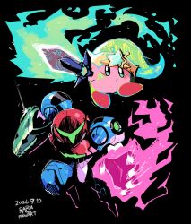  1boy 1girl absurdres arm_cannon black_background colored_skin commentary english_commentary glowing glowing_arm glowing_sword glowing_weapon green_hat hat highres holding holding_sword holding_weapon kirby kirby_(series) kirby_and_the_world_beyond looking_at_viewer metroid metroid_ravenous nintendo pink_skin power_suit_(metroid) rariatto_(ganguri) samus_aran sword weapon 