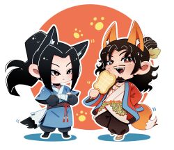  2boys all_wishes_come_true! animal_ears arm_wrap black_boots black_hair black_sash blue_hanfu blue_trim boots brown_eyes chibi chibi_only chinese_clothes circle closed_mouth coat commentary compaculaaa crossed_arms facial_hair fox_boy fox_ears fox_tail full_body hair_bun hair_ornament half_updo hand_fan hanfu high_ponytail highres holding holding_fan jewelry kemonomimi_mode layered_sleeves leaf_belt leaf_fan leaf_hair_ornament leaf_ornament long_hair long_sleeves looking_at_viewer lv_dongbin_(all_wishes_come_true!) male_focus multiple_boys mustache_stubble necklace open_clothes open_coat open_mouth orange_sash outline pants paw_print pectoral_cleavage pectorals ponytail red_coat red_sash sandals sash shadow sidelocks single_hair_bun smile standing standing_on_one_leg stubble tail tassel untranslatable_commentary white_background white_hanfu wolf_boy wolf_ears wolf_tail yaopei zhongli_quan_(all_wishes_come_true!) 
