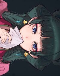  1girl black_background blue_eyes chinese_clothes covering_own_mouth dodo_(dodobo) earrings green_hair hanfu highres holding jewelry kusuriya_no_hitorigoto looking_at_viewer maomao_(kusuriya_no_hitorigoto) pink_hanfu sideways simple_background solo twintails upper_body 