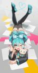  absurdres aqua_eyes aqua_hair aqua_nails aqua_necktie boots cinnamiku cinnamoroll hatsune_miku highres looking_at_viewer lying necktie on_stomach one_eye_closed open_mouth ribbon skirt smile tattoo thigh_boots twintails vocaloid yolanda 