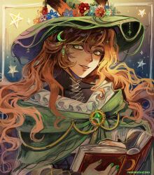  1boy animal_ears artist_name book brooch cape cross-laced_clothes degrees_of_lewdity double-parted_bangs flower fox_boy fox_ears gradient_background green_cape green_eyes green_nails gwylan_(degrees_of_lewdity) gwylan_(male)_(degrees_of_lewdity) hair_between_eyes hat hat_flower high_collar highres holding holding_book jewelry long_hair long_sleeves looking_to_the_side maboroshiiro male_focus nostrils painterly sidelocks simple_background smile solo star_(symbol) upper_body wavy_hair witch_hat 