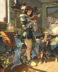  1girl absurdly_detailed_composition alt_text armor arrow_(symbol) artist_logo bandaid bandaid_on_knee bandaid_on_leg belt blanket blue_shorts book bookshelf box breastplate brown_hair bulletin_board can can_pull_tab cardboard_box cat ceiling chair commentary cup dated day desk desk_lamp dolphin_shorts drink_can earrings english_commentary fairy_lights gambeson gauze gauze_on_leg graph helmet highres hinge holding holding_book holding_unworn_helmet illegible_text indoors jewelry lamp loaded_interior logo medium_hair monstera_deliciosa motion_lines mug multiple_earrings on_chair open_book original pie_chart pillow plant plate_armor potted_plant pushpin reading rearing rivets scenery screw see-through_body sheath sheathed shelf shield shoes short_shorts shorts simz skull slice_of_life sneakers socks soda_can solo solo_cup spiral standing sunlight swirl sword tape tile_ceiling tiles unworn_belt unworn_headwear unworn_helmet vial weapon white_socks window wooden_floor 