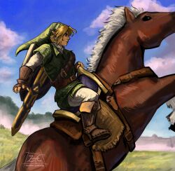  1boy animal arm_up blonde_hair blue_eyes boots brown_boots brown_gloves clouds collared_tunic commentary curtained_hair earrings english_commentary epona field fingerless_gloves from_side gloves grass green_hat green_tunic hat highres horse horseback_riding jewelry layered_sleeves link long_pointy_ears long_sleeves male_focus outdoors pants pointy_ears profile riding saddle shield shield_on_back shirt short_hair short_over_long_sleeves short_sleeves sky sword sword_on_back the_legend_of_zelda the_legend_of_zelda:_ocarina_of_time tunic weapon weapon_on_back white_pants white_shirt wing_collar zeldas_eyebrows 