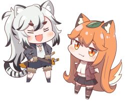 2girls :3 :d =_= animal_ear_fluff animal_ears bandaid bandaid_on_leg bandaid_on_thigh black_boots black_jacket black_shorts black_skirt black_streaks blush_stickers boots brown_boots brown_jacket brown_thighhighs chibi chibi_only closed_mouth commentary_request double-parted_bangs fang fang_out fox_ears fox_girl fox_tail full_body fur-trimmed_shorts fur_trim grey_hair highres jacket leaf leaf_on_head long_hair long_sleeves miniskirt multicolored_hair multiple_girls open_clothes open_jacket open_mouth orange_eyes orange_hair pleated_skirt ponytail quasar631 rufo_(trickcal) shirt shorts shrugging sidelocks simple_background skirt smile socks standing streaked_hair tail thick_eyebrows thigh-highs tig_(trickcal) tiger_ears tiger_girl tiger_tail trickcal very_long_hair white_background white_shirt white_socks zettai_ryouiki 