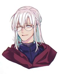 1boy alex_tiamat artist_name black_shirt braid cloak collared_jacket commentary_request d.gray-man earrings glasses grey_eyes hair_between_eyes high_collar highres hoop_earrings jacket jewelry light_smile long_hair looking_to_the_side male_focus one_eye_closed past_lavi_(d.gray-man) portrait purple_jacket red_cloak round_eyewear shirt sidelocks signature simple_background single_braid single_earring smile solo turtleneck turtleneck_shirt white_background white_hair 