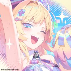  1girl :d ;d absurdres ahoge arm_up armpits bare_shoulders black_choker black_survival blonde_hair blue_eyes blush cheerleader choker commentary_request detached_collar eternal_return:_black_survival hair_ornament hairclip hand_up highres holding holding_pom_poms hop3 korean_commentary long_hair looking_at_viewer nicky_blake one_eye_closed open_mouth pom_pom_(cheerleading) shirt smile solo sparkle strapless strapless_shirt sweat upper_body 