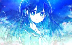  1girl blue_theme bright_pupils closed_mouth commentary_request hair_between_eyes highres long_hair long_sleeves looking_at_viewer neckerchief original sakakien school_uniform serafuku sidelocks smile split_mouth upper_body 
