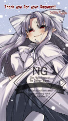  1girl 2323astronomy :3 albino blush bow capelet commentary_request from_below fur-trimmed_capelet fur_trim hair_bow half_updo highres long_hair melty_blood pointy_ears red_eyes skirt smile smug snowflakes solo tsukihime watermark white_bow white_capelet white_hair white_len_(tsukihime) 