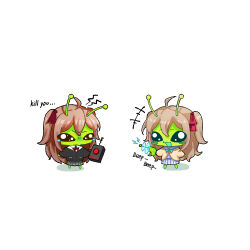  2girls ahoge alien angry antennae aqua_bow aqua_bowtie beam_gun black_cardigan black_sclera black_skirt blush_stickers bow bowtie brown_hair cardigan chibi chibi_only collared_shirt colored_sclera commentary controller dress_shirt english_commentary english_text evil_neuro-sama evil_neuro-sama_(1st_costume) from_side hair_between_eyes hair_ribbon holding holding_controller holding_remote_control long_hair long_sleeves miniskirt multiple_girls neuro-sama neuro-sama_(1st_costume) open_mouth pleated_skirt red_bow red_bowtie red_button red_ribbon remote_control ribbon shirt siblings sisters skirt standing teardrop twins two_side_up vedal_ai virtual_youtuber white_shirt wjs_juexian yellow_cardigan yurie_mouth 