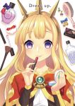  1girl applying_makeup bangs blonde_hair blush bottle bow bowtie cagliostro_(granblue_fantasy) cape closed_mouth comiket_97 commentary_request cosmetics cover cover_page doujin_cover gold_hairband granblue_fantasy hair_brush lipstick_tube long_hair looking_at_viewer makeup_brush miya_(chocolate_holic) perfume_bottle purple_bow red_bow red_bowtie red_cape smile solo upper_body violet_eyes white_background 