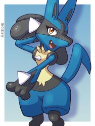  1girl animal_ears animal_hands arm_behind_head arm_up artist_name black_fur blue_background blue_fur blue_theme body_fur border fang flat_chest furry furry_female gradient_background happy highres looking_afar lucario multicolored_fur narrow_waist open_mouth orange_eyes outside_border pokemon pokemon_(creature) retsgar signature simple_background smile snout solo spikes standing tail twitter_username white_border wide_hips wolf_ears wolf_girl wolf_tail yellow_fur 