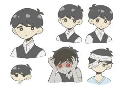  1boy antenna_hair bandage_over_one_eye bandaged_head bandages black_eyes black_sweater_vest blush bright_pupils chibi clenched_teeth closed_mouth collared_shirt commentary_request double-parted_bangs hospital_gown looking_at_viewer male_focus omori open_mouth parted_lips red_eyes shirotsume_143 shirt short_sleeves simple_background solo spoilers sunny_(hospital_gown)_(omori) sunny_(omori) sweater_vest teeth white_background white_pupils white_shirt 