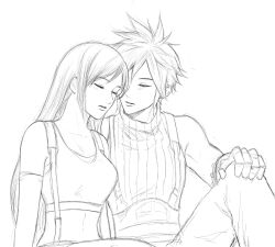  1boy 1girl bare_shoulders breasts closed_eyes cloud_strife collarbone commentary couple crop_top elbow_gloves english_commentary facing_another feet_out_of_frame final_fantasy final_fantasy_vii final_fantasy_vii:_ever_crisis final_fantasy_vii_remake gloves hand_on_own_knee hetero highres knee_up leahdeart leaning_on_person light_blush long_hair medium_breasts midriff pants parted_lips ribbed_sweater short_hair sitting skirt sleeveless sleeveless_sweater sleeveless_turtleneck spiky_hair suspender_skirt suspenders sweater tank_top tifa_lockhart turtleneck turtleneck_sweater upper_body white_background 