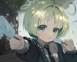  1girl :q absurdres ahoge aqua_halo black_necktie blue_archive blue_halo commentary diagonal-striped_clothes diagonal-striped_necktie dress_shirt dual_wielding feeding_viewer food green_hair green_jacket grey_shirt halo highres holding holding_food holding_popsicle jacket letterman_jacket long_sleeves looking_at_viewer necktie nomi_(gpjg7877) offering_food popsicle ritsu_(blue_archive) shirt short_hair solo striped_clothes striped_necktie tongue tongue_out tree upper_body 