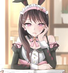  1girl absurdres anger_vein animal_ear_hairband animal_ears annoyed bang_dream! bang_dream!_it's_mygo!!!!! bare_shoulders black_choker black_gloves bow brown_hair bunny_day choker clothing_request commentary_request door earrings fake_animal_ears frilled_choker frills gloves hair_ornament hairband heart heart_hair_ornament highres jewelry long_hair looking_at_viewer maid_headdress mismatched_earrings mole pink_bow pink_eyes rabbit_ears shiina_taki solo strawberry12t three-quarter_sleeves 