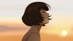  1girl bob_cut brown_hair camisole closed_eyes clouds evening ixola original outdoors parted_lips profile short_hair solo sun 
