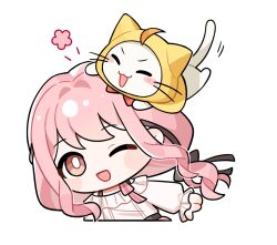  1girl ^_^ animal animal_on_head artist_request bare_shoulders belt black_belt black_bow black_ribbon blush_stickers bow bowtie bra_strap bright_pupils brown_eyes cat cat_on_head chibi cloak closed_eyes clothed_animal cropped_torso ear_covers floating_hair flower_symbol frilled_shirt frilled_sleeves frills hair_bow hair_ribbon happy hood hood_up hooded_cloak infinity_nikki leaning_forward long_hair long_sleeves low_twintails momo_(nikki) motion_lines nikki_(nikki) nikki_(series) notice_lines off-shoulder_shirt off_shoulder official_art on_head one_eye_closed open_mouth perfect_start_(infinity_nikki) pink_bow pink_bowtie pink_hair pink_skirt puffy_long_sleeves puffy_sleeves red_bow red_bowtie ribbon shirt sidelocks simple_background single_stripe skirt sleeves_past_wrists smile sticker_(medium) striped_bow striped_bowtie striped_clothes tareme traditional_bowtie transparent_background tress_ribbon twintails wavy_hair whiskers white_cat white_pupils white_shirt yellow_cloak 
