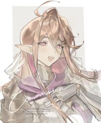  1girl :d ahoge armor artist_name border brown_hair character_request commission copyright_request gauntlets grey_background hair_between_eyes hands_on_own_chest highres long_hair open_mouth outside_border pink_eyes pointy_ears purple_scarf ruitoki scarf smile solo upper_body vgen_commission watermark white_border 