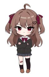  1girl absurdres ahoge asymmetrical_legwear black_cardigan black_skirt black_socks black_thighhighs bow bowtie broken_heart broken_heart_hair_ornament brown_hair brown_shoes cardigan chibi chibi_only closed_mouth collared_shirt commentary_request crossed_arms dress_shirt evil_neuro-sama evil_neuro-sama_(1st_costume) full_body hair_between_eyes hair_ornament heart heart_hair_ornament highres loafers long_hair long_sleeves looking_at_viewer luna_(runa) miniskirt pout red_bow red_bowtie red_eyes shirt shoes simple_background single_sock single_thighhigh skirt socks solo standing thigh-highs two_side_up uneven_legwear vedal_ai virtual_youtuber white_background white_shirt 