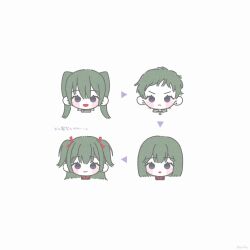  1girl an-ko_(ankoankoazuki) arrow_(symbol) artist_name blush blush_stickers bob_cut d.gray-man earrings eyelashes frown green_hair hair_between_eyes hair_ribbon highres jewelry lenalee_lee long_hair looking_at_viewer multiple_persona parted_bangs parted_lips pixie_cut portrait red_ribbon ribbon short_hair sidelocks signature simple_background smile straight-on stud_earrings twintails two_side_up very_short_hair violet_eyes white_background 