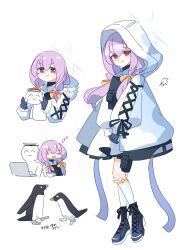 1boy 1girl ^_^ adelie_penguin atsuko_(blue_archive) bird black_boots blue_archive blush boots bow braid bulletproof_vest closed_eyes closed_mouth commentary computer cross-laced_clothes cross-laced_sleeves cup doodle_sensei_(blue_archive) frilled_socks frills full_body hair_between_eyes hair_bow halo highres holster hood hood_down hood_up jacket kneehighs lace-up_boots laptop long_hair long_sleeves low_twin_braids multiple_views nagatsuki_kei_(nagatsuki22) penguin purple_hair red_eyes sensei_(blue_archive) simple_background sleeping smile socks sweat teacup thigh_holster translation_request twin_braids v-shaped_eyebrows white_background white_jacket white_socks yellow_bow zzz 