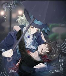  2girls ascot black_coat black_hair black_hat black_umbrella blue_bow blurry blurry_background boater_hat bow brutal_human closed_eyes coat dress face-to-face feather_dress feather_hair_ornament feathers grey_eyes grey_hair grey_hairband hair_bun hair_ornament hairband hand_on_another's_back hands_on_another's_shoulders hat hat_bow highres holding holding_umbrella leaning_forward looking_at_another multiple_girls rain red_dress red_feathers reverse:1999 schneider_(reverse:1999) shirt short_hair single_side_bun smile sway_back umbrella upper_body vertin_(reverse:1999) white_ascot white_shirt 