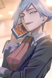  1boy akataniro arm_up ascot black_jacket collared_shirt commentary_request grey_eyes highres holding holding_phon jacket layered_sleeves long_sleeves looking_at_viewer looking_to_the_side male_focus open_mouth parted_bangs pokemon pokemon_omega_ruby_and_alpha_sapphire red_ascot shirt short_hair short_sideburns sideburns sideways_glance sleeve_cuffs solo steven_stone teeth upper_body upper_teeth_only very_short_hair white_shirt wing_collar 