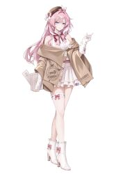  1girl absurdres bare_shoulders beret book boots bow bow_legwear bowtie breasts brooch brown_coat brown_hat chinese_commentary coat commentary_request dress elf elysia_(honkai_impact) fingerless_gloves footwear_bow frilled_skirt frills full_body gem gloves hair_ornament hat hat_bow heart heart-shaped_gem heart_brooch heitangbaiyuan high_heel_boots high_heels highres holding holding_book honkai_(series) honkai_impact_3rd jewelry long_hair partially_fingerless_gloves pink_bow pink_bowtie pink_hair pink_nails pink_shirt pointy_ears red_gem shirt simple_background single_thighhigh skirt sleeveless sleeveless_shirt smile solo standing thigh-highs very_long_hair violet_eyes white_background white_boots white_gloves white_skirt white_thighhighs 