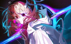  1girl a.i._voice absurdres adachi_rei black_hole commentary_request drawstring from_side get_sung_03 gravitational_lens hair_between_eyes hair_ornament hairclip headlamp highres hood hood_down hooded_jacket jacket looking_at_viewer looking_to_the_side one_eye_covered orange_eyes orange_hair ribbon solo space star_(sky) two-sided_fabric two-sided_jacket utau white_jacket white_ribbon 