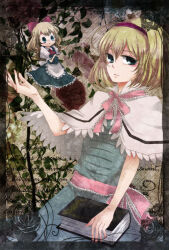  alice_margatroid apron blonde_hair blue_dress blue_eyes book commentary_request cowl dress flower headband kyoma_(yellowxcake) leaf pink_ribbon plant red_ribbon ribbon shanghai_doll touhou 