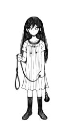  1girl asdf_(user_vop2242) black_hair black_socks dress holding holding_rope light_bulb looking_at_viewer mari_(headspace)_(omori) mari_(omori) noose omori rope socks white_background white_dress white_eyes 