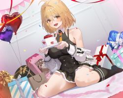  1girl absurdres ahoge bare_shoulders birthday_cake black_shirt black_socks blonde_hair box cake cake_slice commentary_request food gift gift_box haru_estia highres holding holding_cake holding_food kneehighs looking_at_viewer medium_hair na3lum necktie open_mouth orange_necktie shirt sitting sleeveless sleeveless_shirt smile socks solo soulworker thighs wariza yellow_eyes 