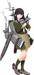  1girl adapted_turret black_hair blunt_bangs braid_over_shoulder full_body green_serafuku green_shirt green_socks grey_sailor_collar kantai_collection kitakami_(kancolle) kitakami_(sasebo_2026)_(kancolle) kitakami_kai_san_(kancolle) long_hair long_sleeves looking_at_viewer mast neckerchief official_art pleated_skirt rigging rudder_footwear sailor_collar sailor_shirt school_uniform serafuku shibafu_(glock23) shirt skirt smile smokestack socks solo torpedo_launcher transparent_background white_neckerchief 