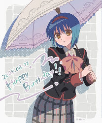  1girl black_jacket blue_hair bow bowtie brown_eyes collared_shirt commentary_request cowboy_shot dated grey_background grey_skirt hair_between_eyes hairband hands_up happy_birthday highres holding holding_umbrella ivi-x jacket little_busters! little_busters!_school_uniform long_sleeves looking_at_viewer medium_hair nishizono_mio open_mouth parasol pink_bow pink_bowtie plaid_clothes plaid_skirt pleated_skirt red_hairband school_uniform shirt simple_background skirt solo twitter_username umbrella white_shirt white_umbrella 