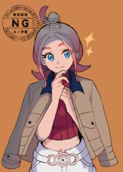  1girl belt blonde_hair blue_eyes brown_jacket closed_mouth commentary_request eyelashes fan_request gradient_hair hair_bun jacket jacket_on_shoulders looking_at_viewer midriff multicolored_hair orange_background pokemon pokemon_legends:_z-a red_hair red_shirt shirt short_hair shorts single_hair_bun smile solo taunie_(pokemon) toumeisannll33 turtleneck turtleneck_shirt watermark white_shorts 
