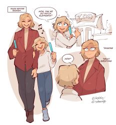  2girls absurdres alyssa_ashcroft artist_name blonde_hair blue_eyes closed_mouth english_commentary english_text food grace_ashcroft highres holding holding_food holding_popsicle hood hoodie jacket mother_and_child mother_and_daughter multiple_girls musical_note open_mouth pants parent_and_child popsicle ptsd resident_evil saucymojo short_hair speech_bubble zoo 