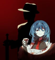  1boy 1girl android blue_hair chaw_qh closed_mouth coat commentary cup english_commentary eunoia_(frozen_soul) highres holding holding_cup long_hair looking_at_viewer mafioso_(frozen_soul) necktie one_eye_closed red_necktie roblox silhouette skin_seams smile spotlight white_coat 