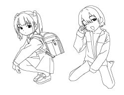  2girls backpack bag barefoot between_legs closed_mouth collarbone collared_shirt dress gosari_draw greyscale hair_between_eyes hair_bobbles hair_ornament hand_up highres jacket loafers long_sleeves looking_at_viewer monochrome multiple_girls one_eye_closed open_clothes open_jacket open_mouth original pleated_dress pleated_skirt randoseru rubbing_eyes shirt shoes simple_background sitting skirt sleeves_past_wrists smile squatting twintails wariza white_background 
