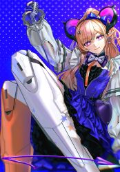  1girl arknights arknights:_endfield blonde_hair blue_background blue_bow blue_dress blue_gloves bow closed_mouth commentary dress english_commentary gloves hair_bow hairband highres horns iridocyte_7 liino_(arknights) long_hair looking_at_viewer mechanical_boots partially_fingerless_gloves pointy_ears ponytail purple_hairband purple_tail solo untranslatable_commentary violet_eyes 