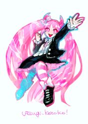  1girl blue_outline bow character_name commentary_request danganronpa_(series) danganronpa_another_episode:_ultra_despair_girls fake_horns hair_horns hairband horn_bow horn_hairband horn_ornament horns outline pink_eyes pink_hair pink_hairband pink_horns polka_dot polka_dot_bow solo uguisu_ann utsugi_kotoko white_background 