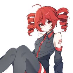  1girl :o ahoge aramonn_chan019 bare_shoulders black_boots black_shirt boots commentary crossed_bangs detached_sleeves drill_hair hair_between_eyes highres kasane_teto kasane_teto_(utau) looking_at_viewer number_tattoo open_mouth red_hair shirt shoulder_tattoo simple_background sitting sleeveless sleeveless_shirt solo tattoo thigh_boots twin_drills utau white_background 