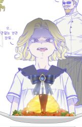  1boy 1girl beard blonde_hair blood_time blue_outline character_request child commentary_request da-yang_baek facial_hair fangs food highres korean_commentary mature_male murrang_f mustache official_art outline pale_skin rectangular_eyewear short_hair tongue tongue_out translation_request vampire 