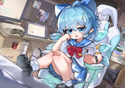  1girl absurdres ahoge bandaid bandaid_on_knee bandaid_on_leg black_shoes blue_bow blue_eyes blue_hair blue_sailor_collar blue_skirt blush bow can cellphone chair chinese_commentary cirno cirno_day commentary_request computer_keyboard desk detached_wings drawing_tablet drink_can gaming_chair hair_between_eyes hair_bow hair_ornament highres holding holding_phone hxj_(2324184595) ice ice_wings indoors large_variant_set looking_at_viewer mary_janes medium_hair monitor on_chair open_mouth phone pointy_ears sailor_collar shirt shoes sitting skirt smartphone smile socks solo swivel_chair touhou variant_set watch watch white_shirt white_socks wings 