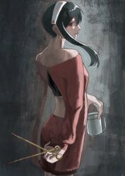  1girl back_cutout bare_shoulders black_hair blood blood_on_weapon blush closed_mouth clothing_cutout commentary_request cowboy_shot cup dagger earrings from_behind gold_earrings hairband highres holding holding_cup holding_weapon jewelry knife long_hair long_sleeves looking_at_viewer luilo13t off-shoulder_sweater off_shoulder red_eyes red_sweater sidelocks solo spy_x_family stiletto_(weapon) sweater weapon white_hairband yor_briar 