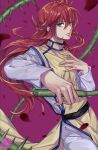  1boy belt_buckle buckle chinese_clothes cowboy_shot fighting_stance green_eyes hair_between_eyes halu-ca hand_on_own_chest high_collar highres holding holding_whip jumpsuit kurama_(yu_yu_hakusho) long_hair looking_at_viewer male_focus purple_background redhead solo thorns vine_whip white_jumpsuit yellow_tunic yu_yu_hakusho 