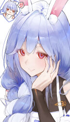  2girls absurdres animal_ears arm_up blue_hair blush braid braid_over_shoulder brown_eyes closed_mouth commentary_request fingernails hair_between_eyes highres hololive long_fingernails long_hair looking_at_viewer multiple_girls pekomama pekomama_(1st_costume) phoebe_(user_vvpf4584) portrait rabbit_ears rabbit_girl red_eyes simple_background usada_pekora virtual_youtuber white_background white_hair 