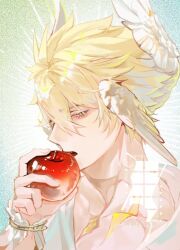  1boy alternate_costume antenna_hair apple blonde_hair blue_background bracelet collarbone commentary cracked_skin feathered_wings fingernails food fruit gold_bracelet gradient_background green_background hair_between_eyes half-closed_eyes hand_up head_wings holding holding_food holding_fruit honkai:_star_rail honkai_(series) imminent_bite jewelry long_hair_between_eyes looking_at_viewer male_focus multiple_wings ohagiwen open_mouth phainon_(honkai:_star_rail) phainon_(khaslana)_(honkai:_star_rail) shirt short_hair solo teeth tongue two-tone_background untranslatable_commentary upper_body white_shirt wings wrist_cuffs yellow_eyes 