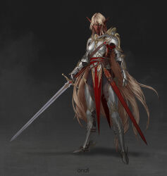 1girl anafigreen armor artist_name black_background blonde_hair breastplate commentary commission couter cuisses dark-skinned_female dark_elf dark_skin double-parted_bangs elf english_commentary faulds floating_hair full_body gauntlets greaves hair_between_eyes highres holding holding_sword holding_weapon knight legs_apart long_eyebrows long_hair long_sidelocks long_sword looking_at_viewer mismatched_pauldrons original pauldrons pointy_ears poleyn rerebrace sabaton sheath shoulder_armor sidelocks simple_background solo standing sword very_long_hair watermark weapon white_armor yellow_eyes 