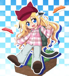  1girl animal_ear_headwear animal_ears backpack bag blonde_hair blue_eyes boots brown_boots cat_ears cat_girl cat_tail checkered_background commentary_request fang food full_body grass grey_pants hair_between_eyes hair_ornament hat highres inatsuka_haru jacket long_hair original outline pants plaid_clothes plaid_jacket red_hat sleeves_past_wrists solo sushi tail very_long_hair w wing_hair_ornament 