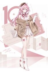 1girl absurdres bare_shoulders beret book boots bow bow_legwear bowtie breasts brooch brown_coat brown_hat chinese_commentary coat commentary_request dress elf elysia_(honkai_impact) fingerless_gloves footwear_bow frilled_skirt frills full_body gem gloves hair_ornament hat hat_bow heart heart-shaped_gem heart_brooch heitangbaiyuan high_heel_boots high_heels highres holding holding_book honkai_(series) honkai_impact_3rd jewelry long_hair partially_fingerless_gloves pink_bow pink_bowtie pink_hair pink_nails pink_shirt pointy_ears red_gem shirt single_thighhigh skirt sleeveless sleeveless_shirt smile solo standing thigh-highs very_long_hair violet_eyes white_boots white_gloves white_skirt white_thighhighs 